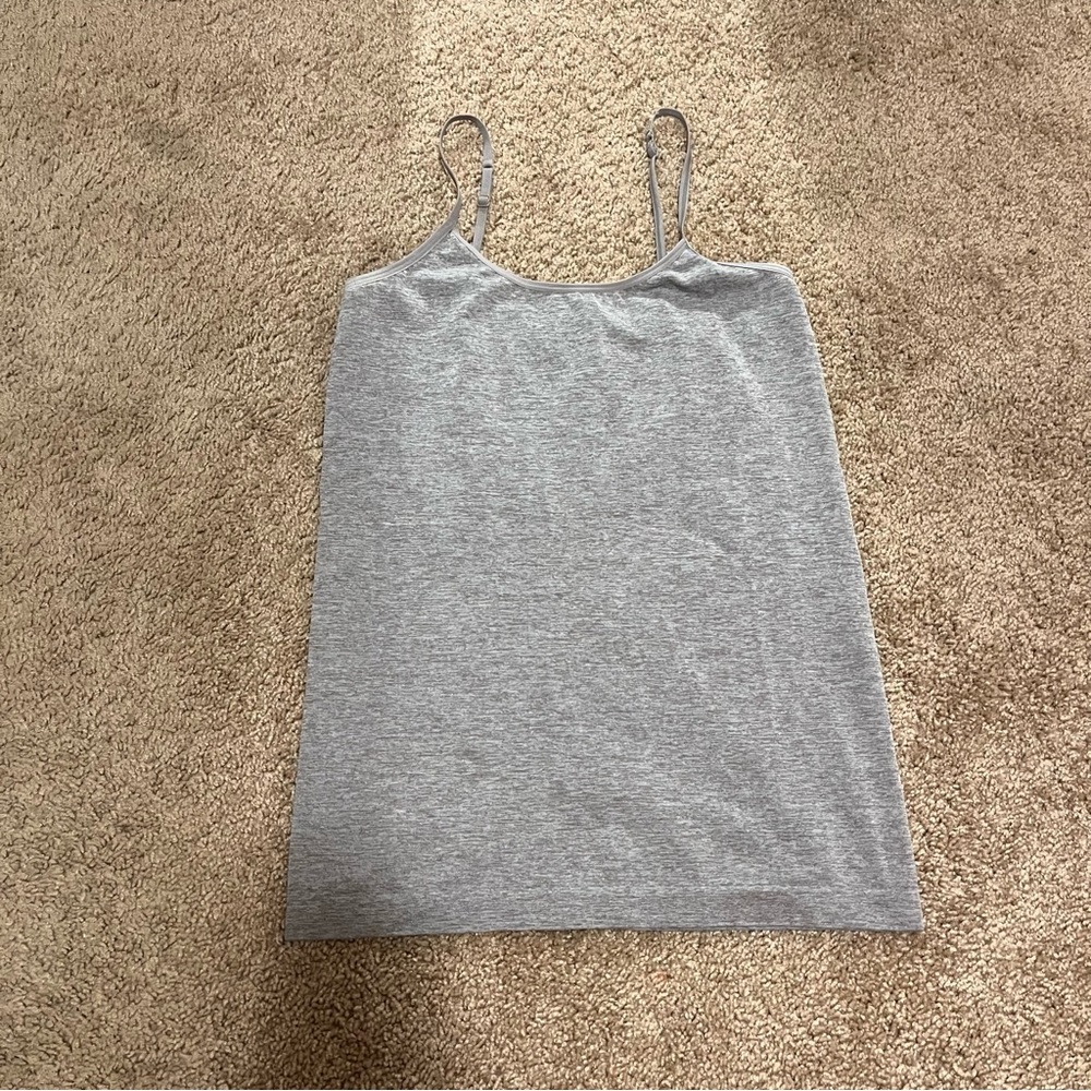 Gray And Brown Energie Spaghetti Strap Tank Top. Has adjustable straps.